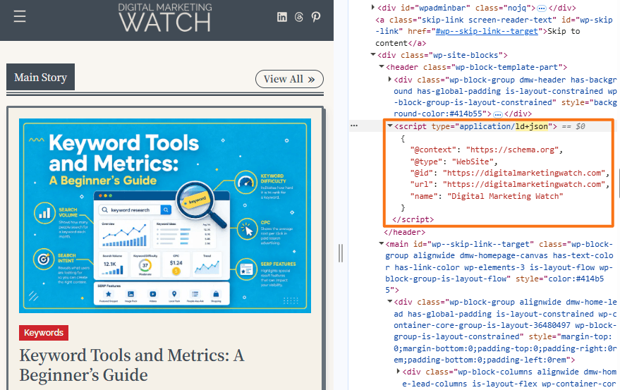 Chrome DevTools showing WebSite JSON-LD structured data in the Digital Marketing Watch homepage source