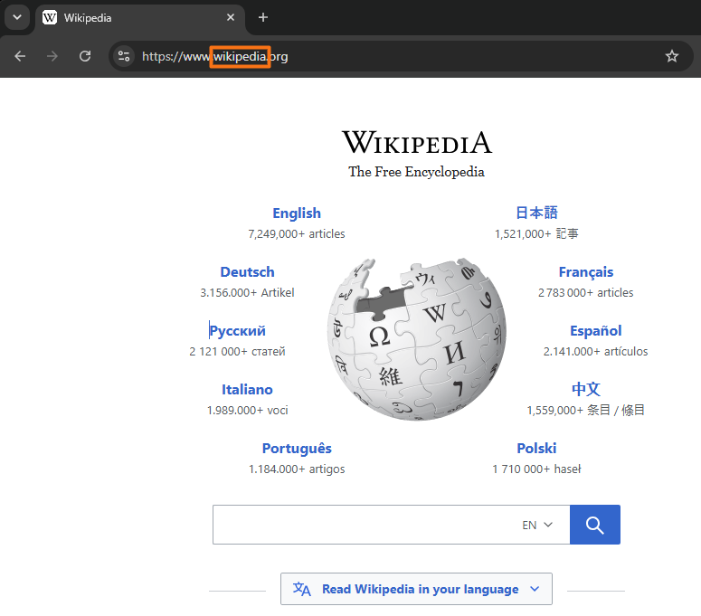 Wikipedia website with wikipedia highlighted as the second-level domain in wikipedia.org
