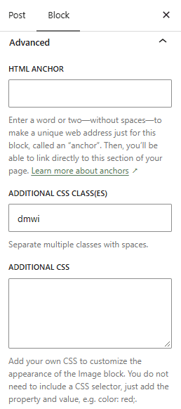 WordPress block Advanced settings showing the dmwi custom CSS class in Additional CSS Class(es)