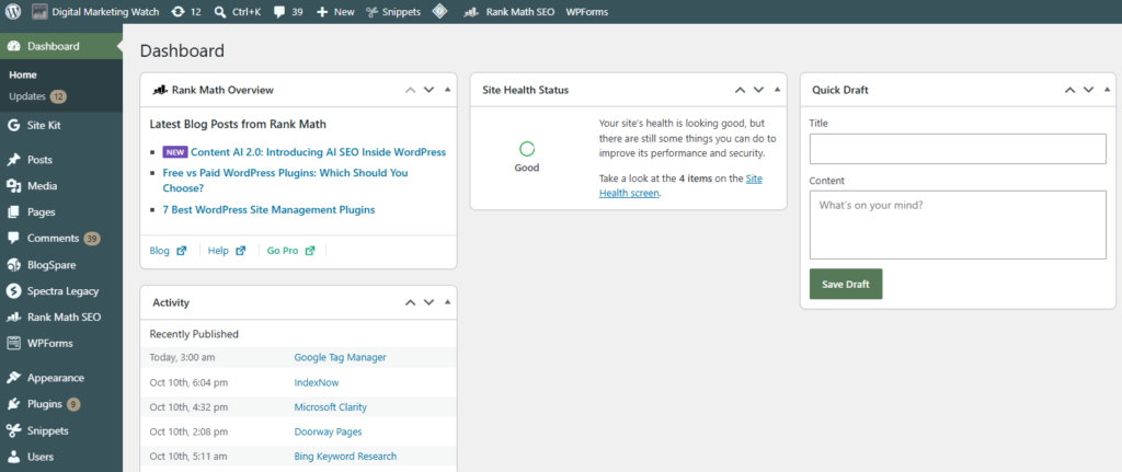 WordPress CMS dashboard with Posts, Media, Pages, Comments, Plugins, Users, site health, and publishing activity