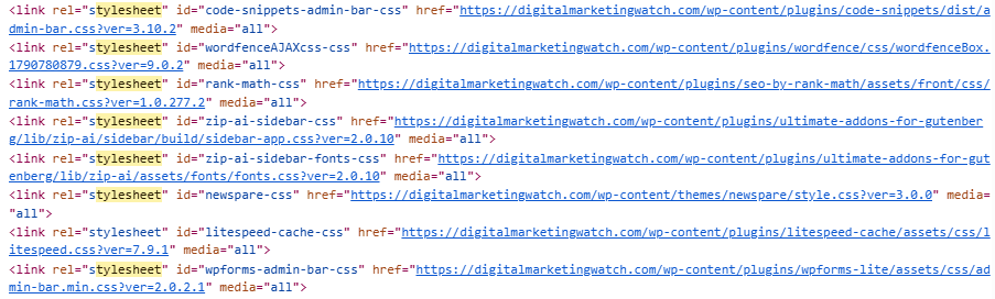 WordPress page source showing multiple external stylesheets loaded with link rel="stylesheet" elements