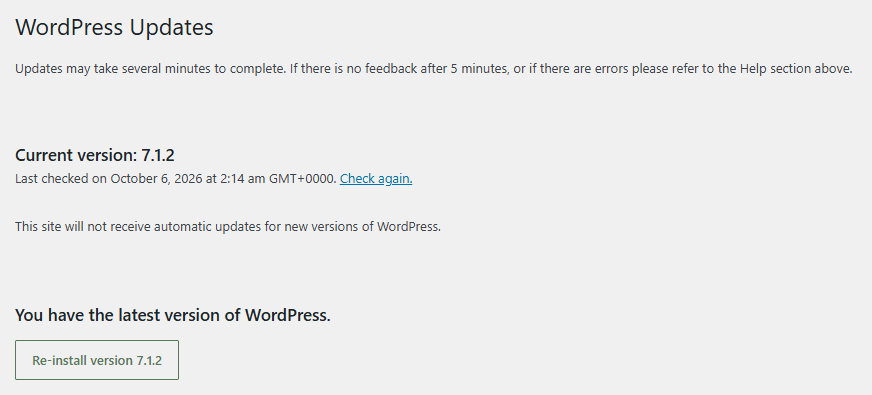 WordPress Updates page showing current version 7.1.2 and confirmation that the latest version is installed