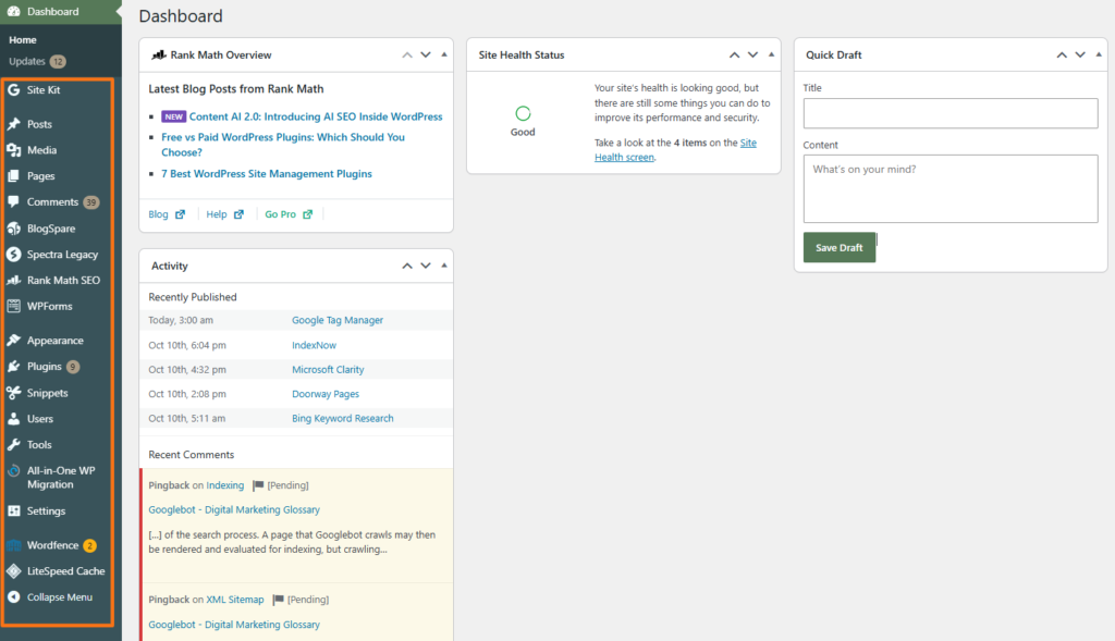 WordPress dashboard with plugins, SEO tools, Posts, Media, Pages, Comments, Appearance, Users, Tools, Settings, and other admin options