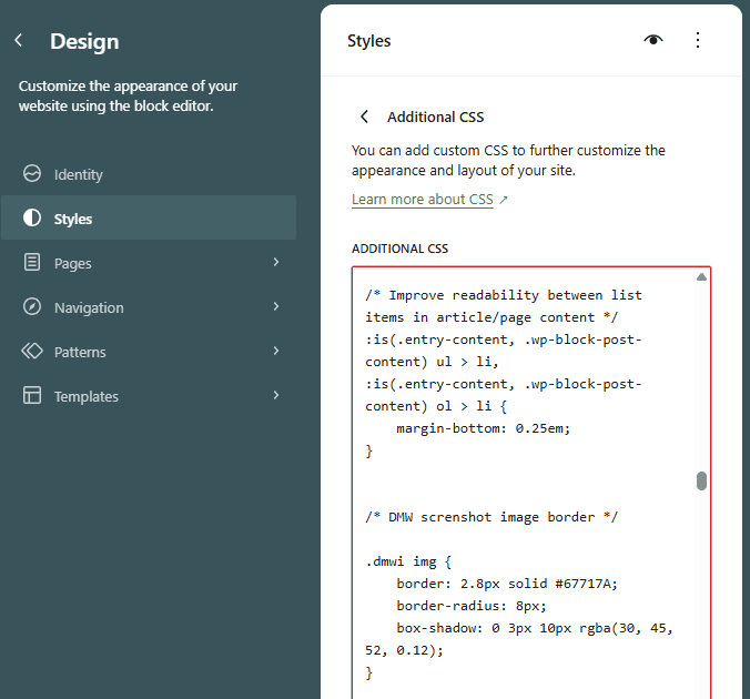 WordPress Additional CSS panel showing custom CSS for list spacing 