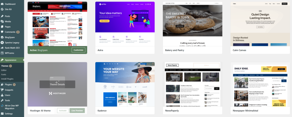 WordPress Themes screen with BlogSpare active and multiple alternative themes displayed in the Appearance section