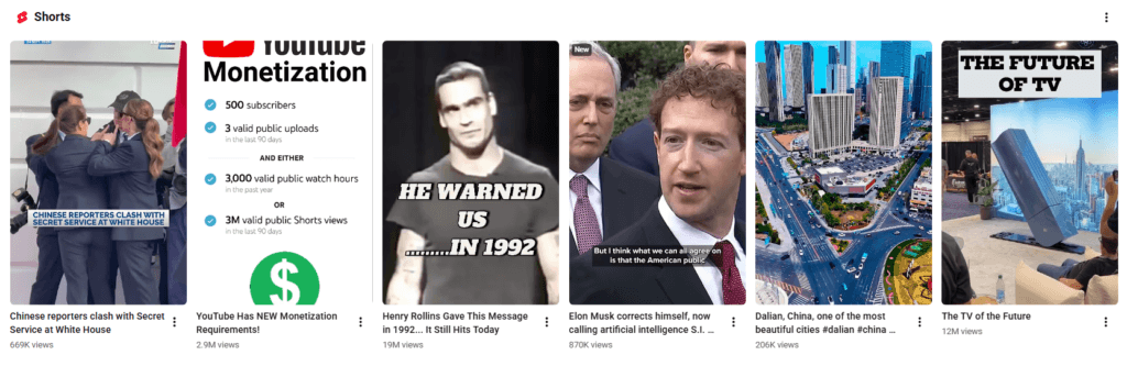 YouTube Shorts feed showing multiple recommended videos selected for the viewer