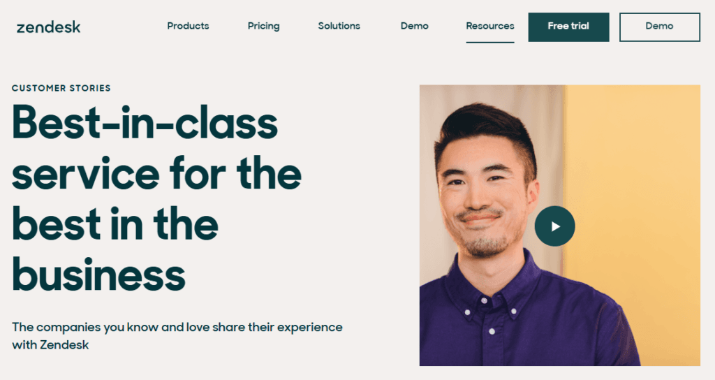 Zendesk customer stories page with a featured customer video and messaging about companies sharing their experience with Zendesk
